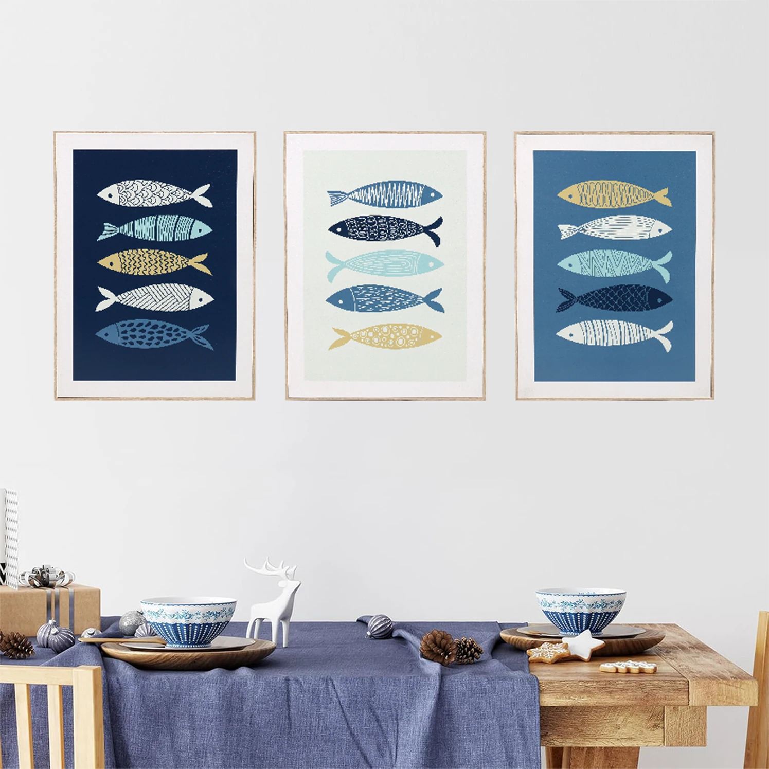 Summer Ocean Theme Abstract Tropical Fish 3 Pieces Framed Wall Art Set for Kitchen Bathroom Home Decoration