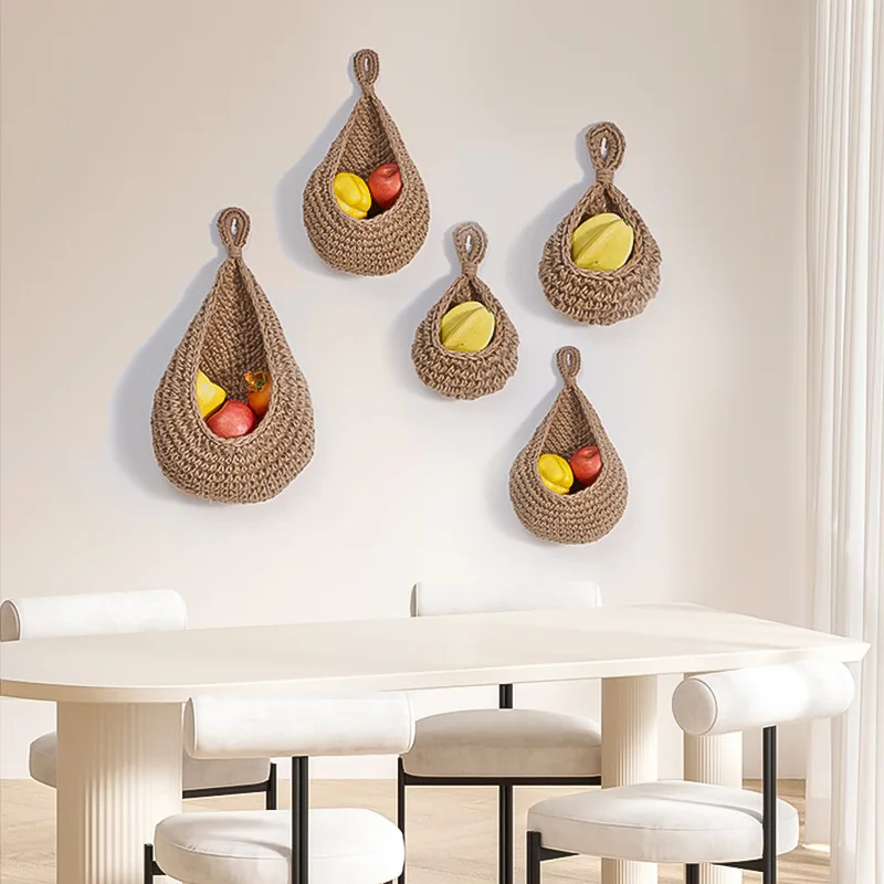 New Material Hanging Wall Vegetable Fruit Baskets Eco Jute Teardrop Hanging Basket Bohemian Hanging Storage Bag