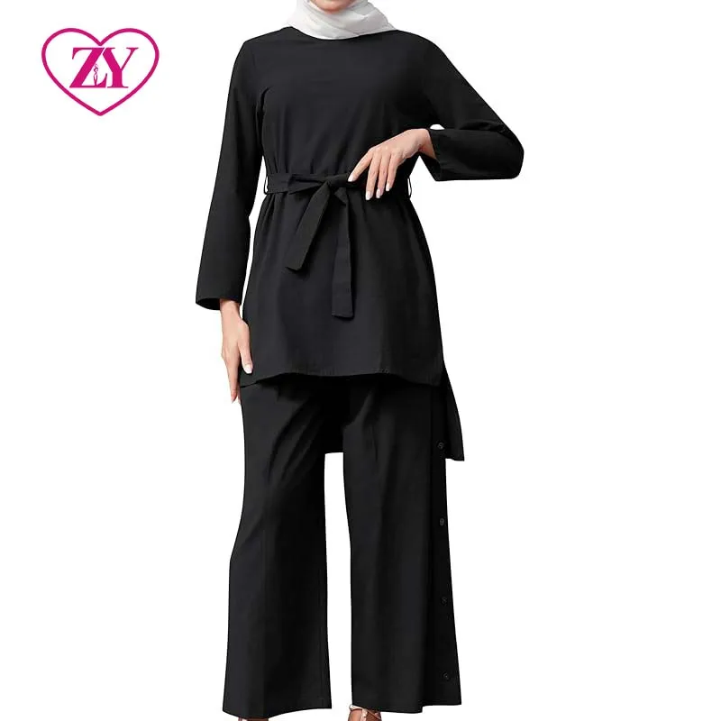 Elegant Outfit with Waist Belt Black, Fir Green, Copper Brown, and Dusty Blue Modest Tunic and Pants Set for Muslim Women
