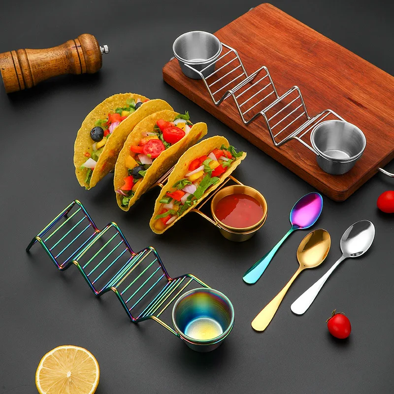 Wholesale Food Grade Stainless Steel Taco Stand Rack Tray stainless steel taco holder combo set with Salsa Cup