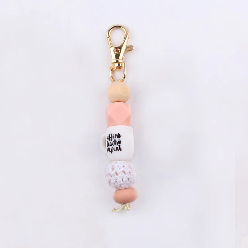 2024 boho silicone beads coffee cup teacher lanyard keychain wristlet set gift for mom coffee lover