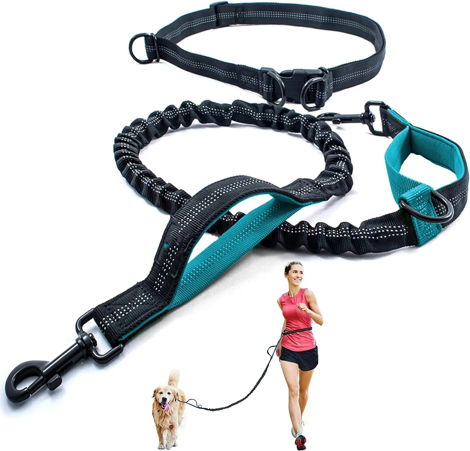 Hands Free Dog running Leash Reflective Bungee strap Dual Handle Heavy Duty Leash with Adjustable Waist Belt