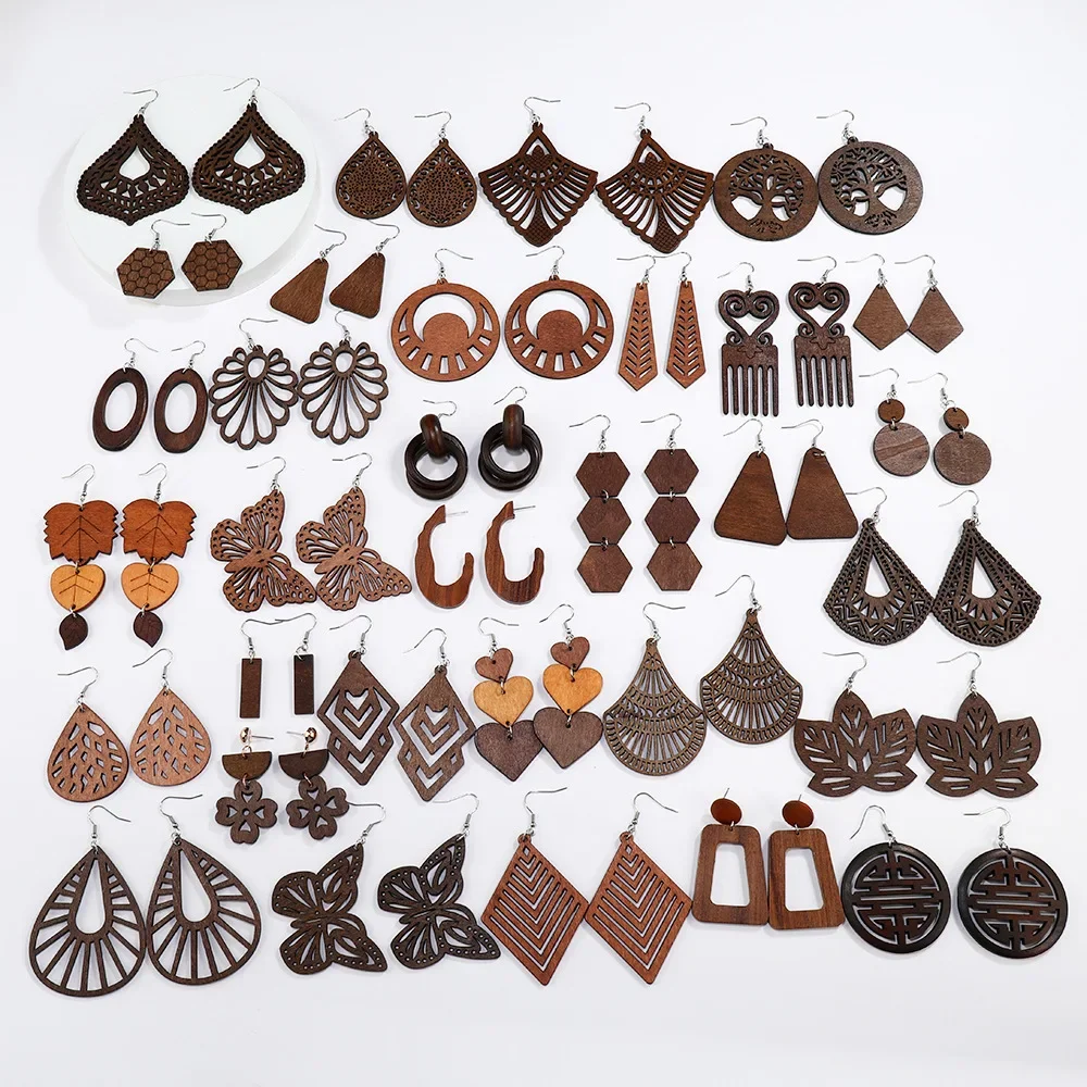 2024 New Hot Selling European and American Style Simple Wild Geometric Creative Wood Hollow Hoop Earrings for Women