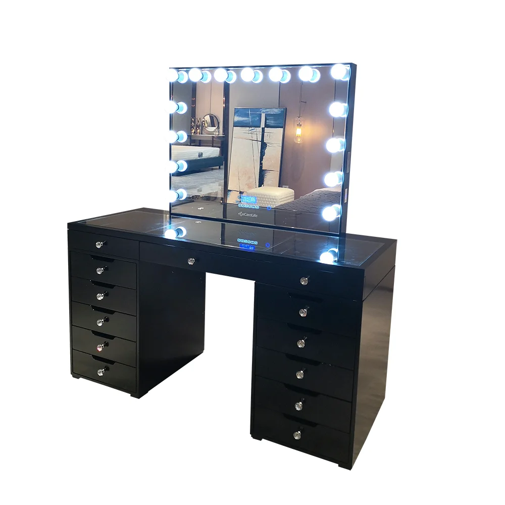Stock in US! Docarelife Luxury Wooden Bedroom Furniture Black Modern Vanity Table Set with Lighted Hollywood Mirror