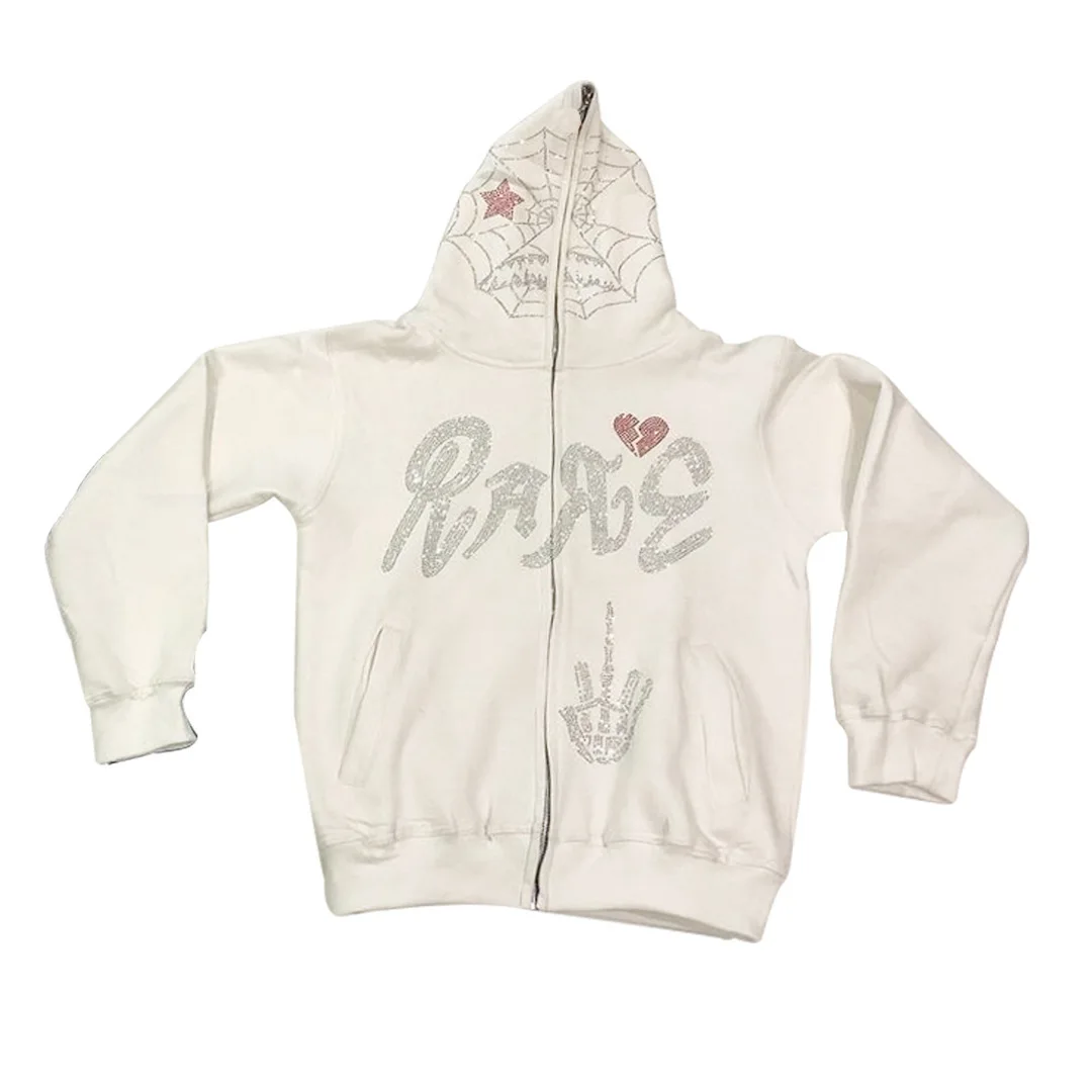Halloween Hoodies French Terry Puff Print Custom Logo Oversize Y2K Rhinestone Skeleton Full Face Zip Up Hoodie manufacturers