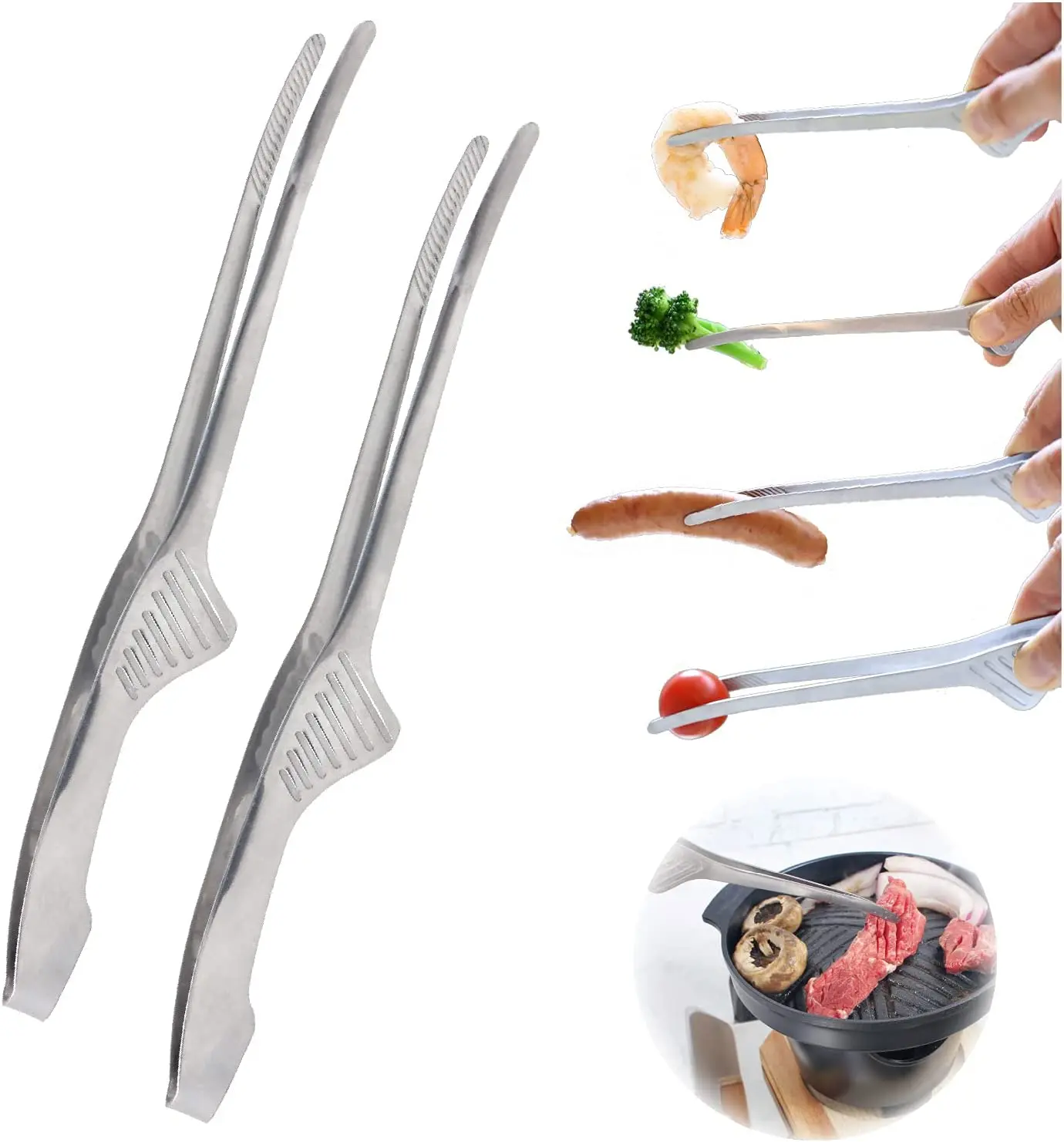 Korean and Japanese BBQ tongs Non-Slip  stainless steel Cooking Utensils Self-Standing Grill Tongs for Serving Food, Salad, BBQ