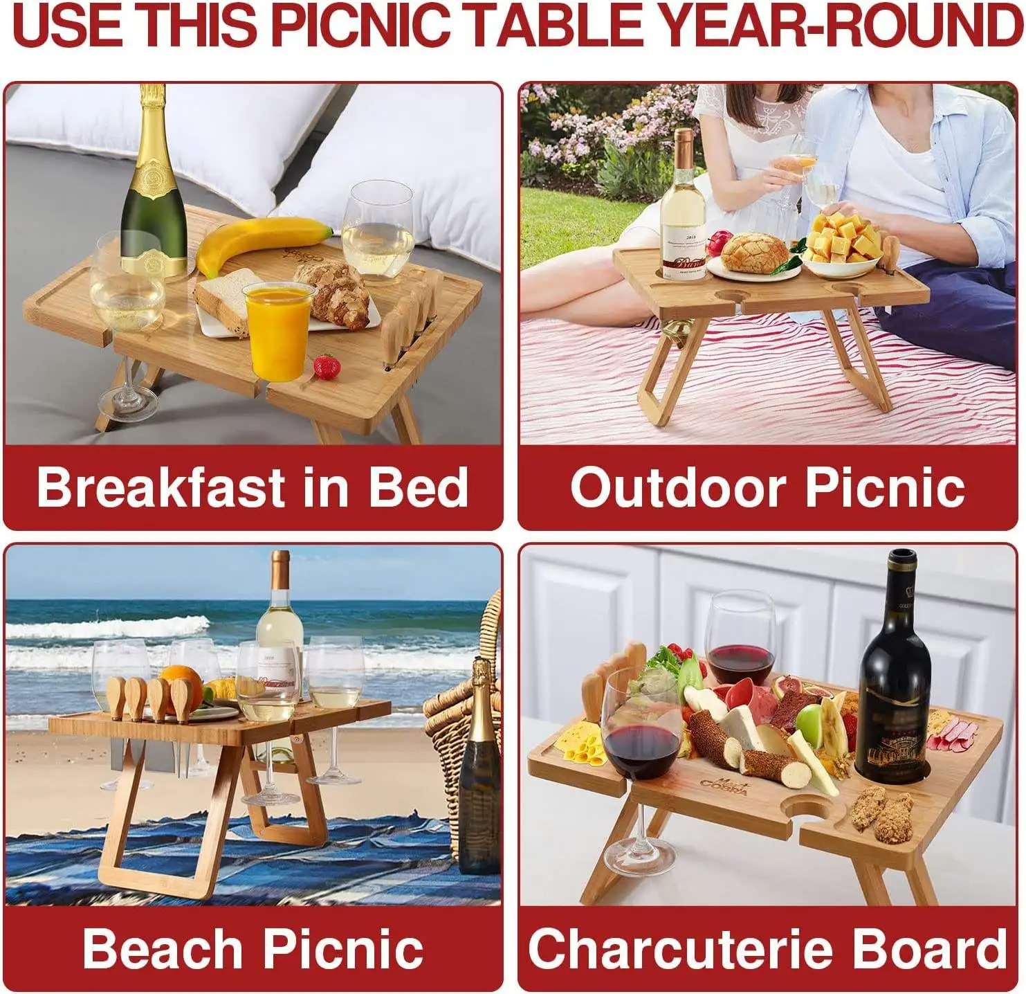 Outdoor Large Folding Bamboo Snack Cheese Tray Portable Wine Picnic Table