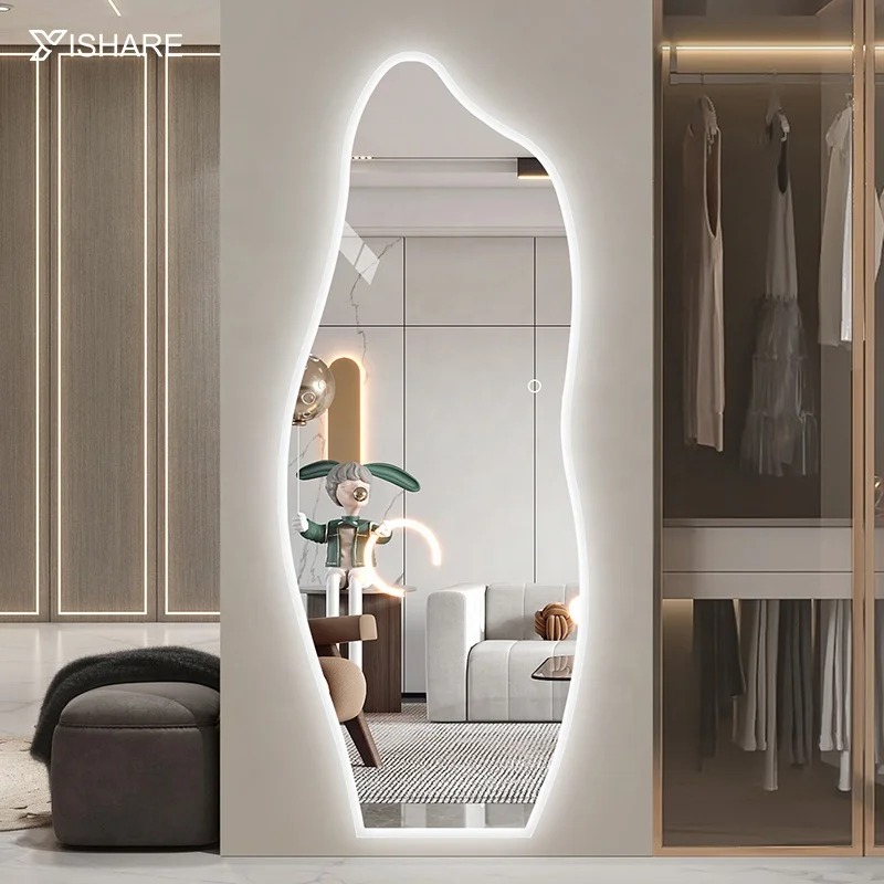 Modern Art Shaped Full-Length LED Dressing Mirror 5mm Glass Wall Wave Vanity for Bedroom Factory Direct Sell for Home Hotels