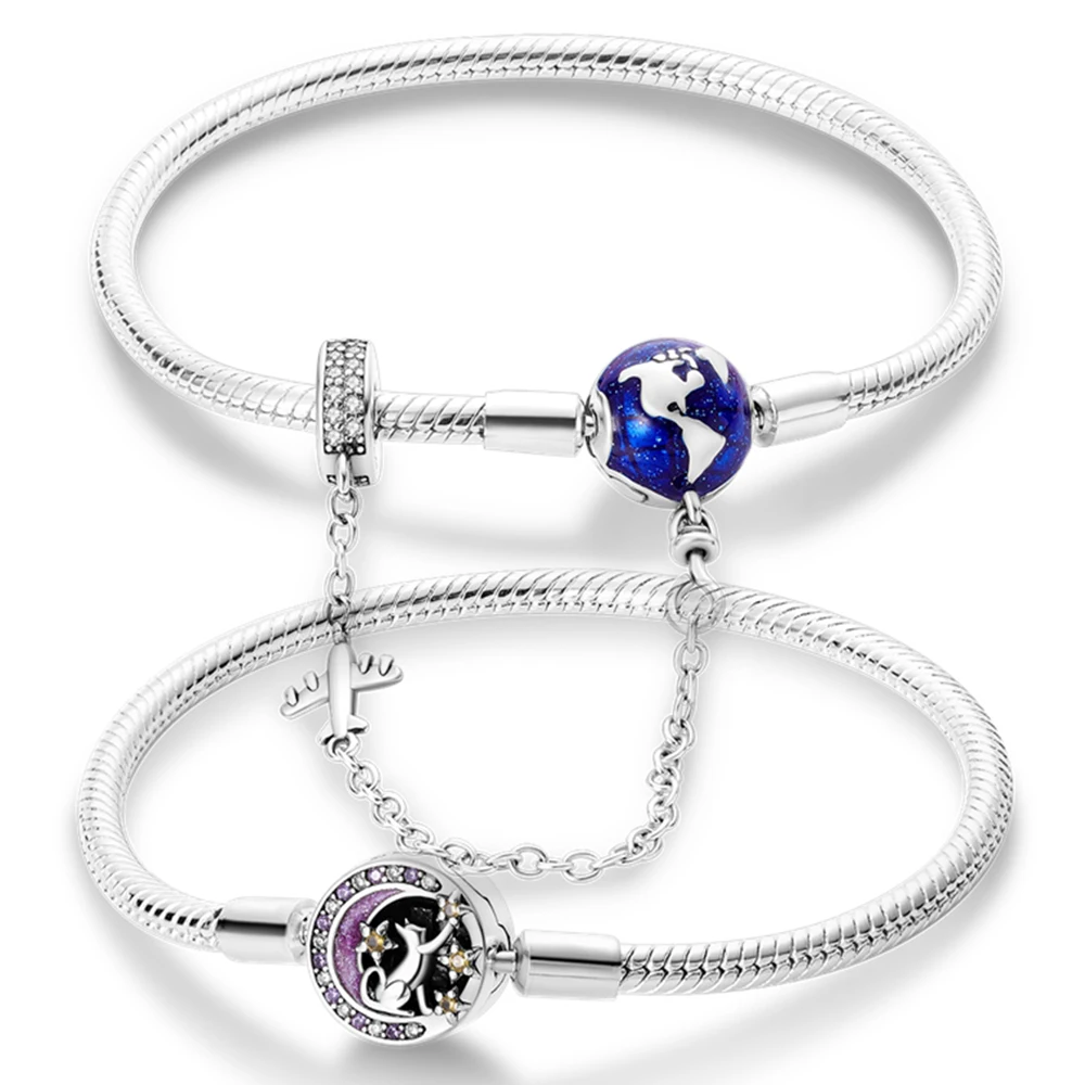 Sterling Silver Travel Plane Snake Basic Chain Cat and Moon Bracelet fit Original Charm Beads DIY Women Design Jewelry