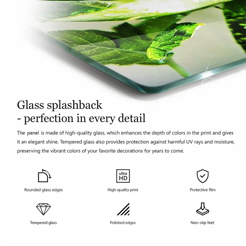 Stone Structure Tempered Glass Splashback as Splash Guard Backsplash Panel in Kitchen with Green Culinary Decor