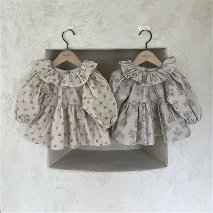 Wholesale Spring Autumn Newborn Baby Girl Long Sleeve Cotton Floral Lotus Leaf Collar Dress Versatile Toddler Infant Kids Dress