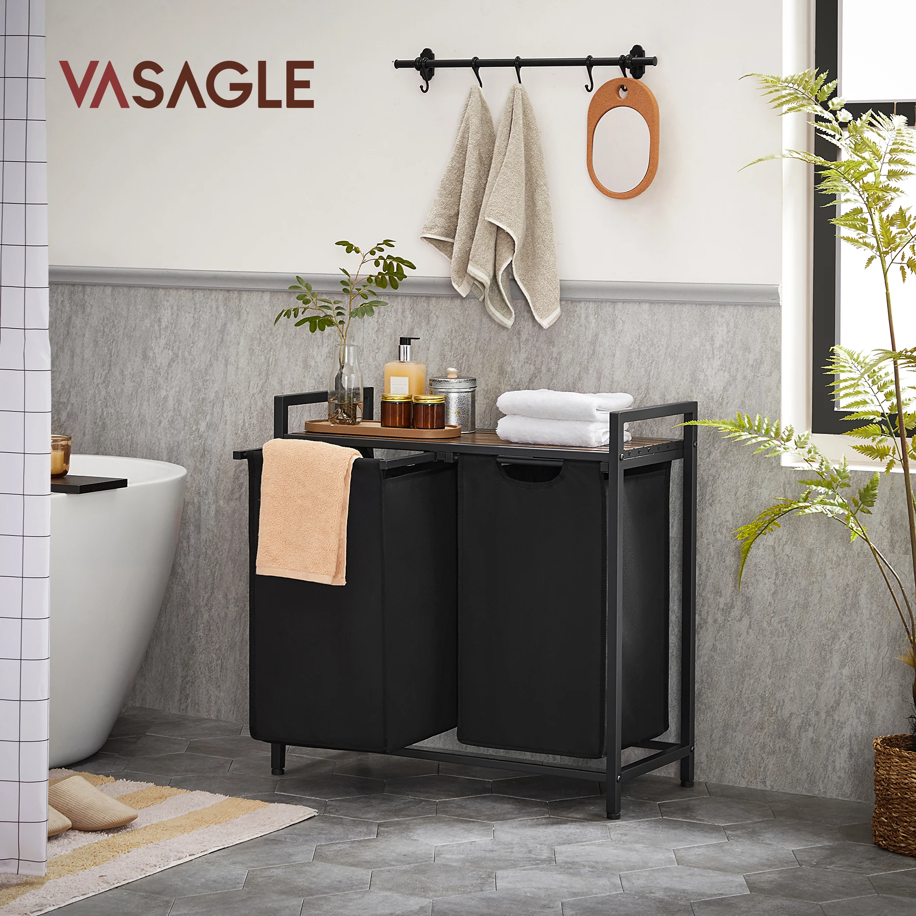 VASAGLE 59L Бытовая декоративная двойная корзина для белья с крышкой домашнего хранения
