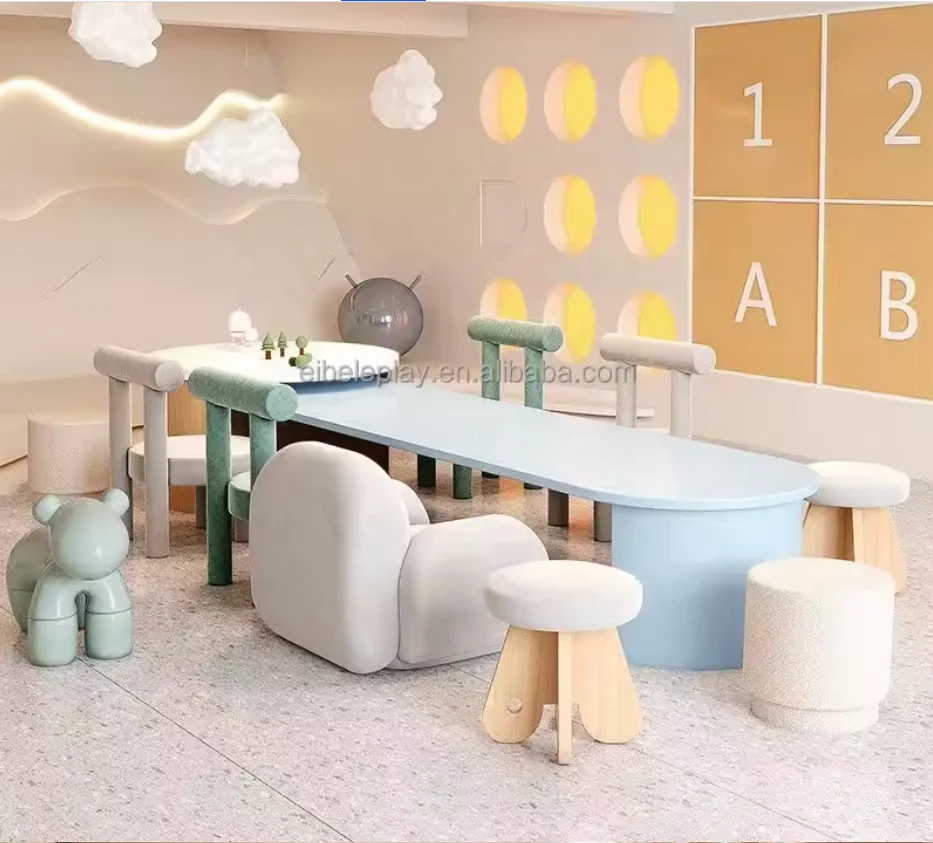 Kindergarten Daycare Library Multi Function Solid Wood Kids Furniture Children Learning Writing Table and Chairs