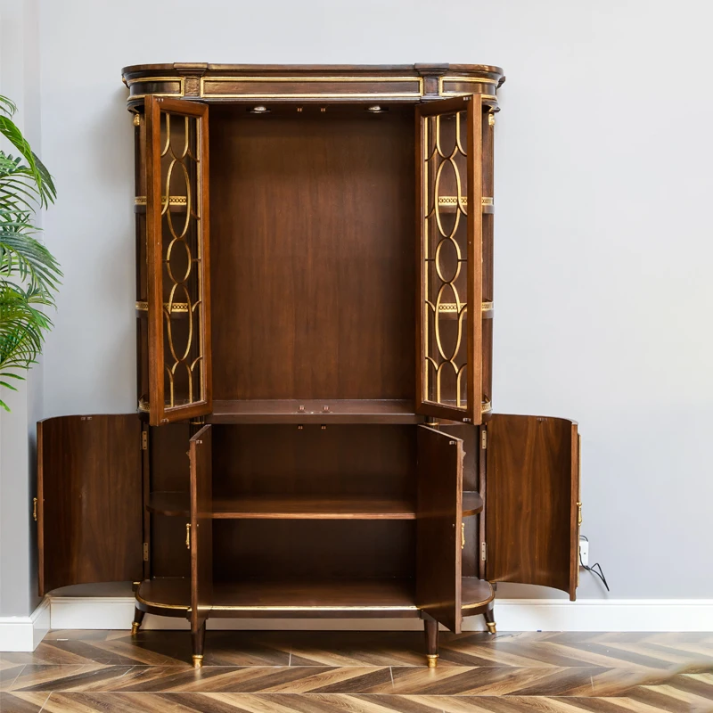 Bookcase Retro Brown Color Bookshelf Copper Book Cabinet with Two Led Lights Decorative Furniture Wooden and Brass with Glass