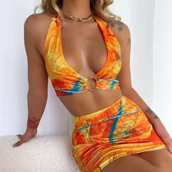 Summer 2022 Women Crop Top Sleeveless Floral Pattern Xs Women Clothing Sets Halter Printing Skirt And Top Set 2 Piece Skirt Set