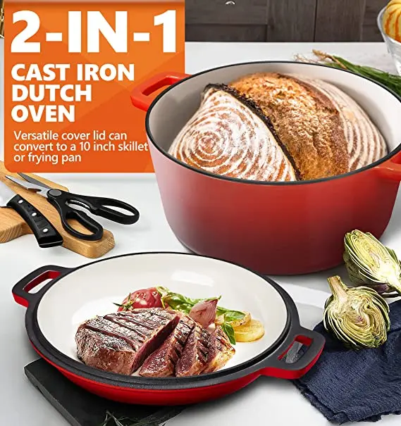 Enameled Cast Iron Combi Pot 2 in 1 Kitchen Cookware Dutch Oven