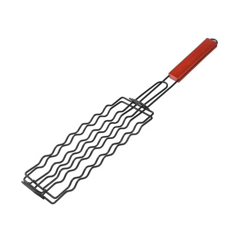 BBQ Accessories 6 Hot Dog Grill BBQ Basket Wood Handle BBQ Sausage Grilling Basket