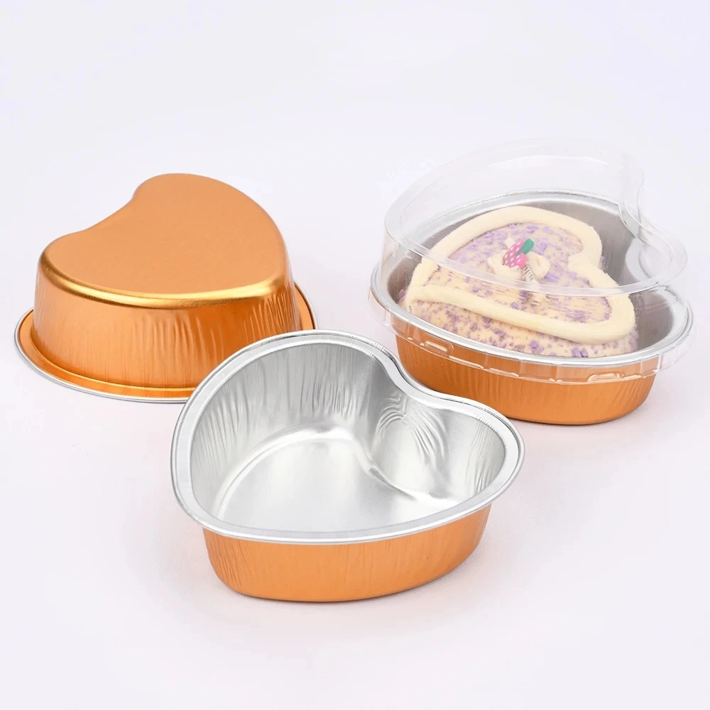 Disposable Heart Shaped Cake Pan Colorful Aluminum Foil Baking Mold Cupcake Pudding Cups with Plastic Dome Lid