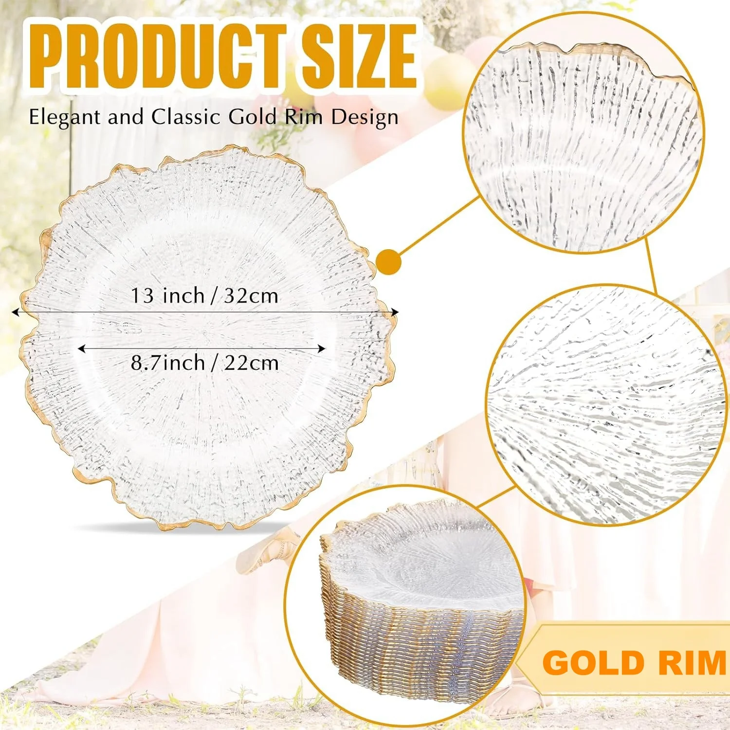 Gold Clear Charger Plates Bulk 13 Inch Plastic Charger Plates with Gold Rim Round Decorative Charger Plates for Event