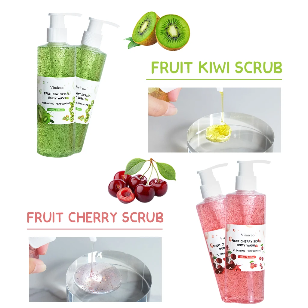 OEM ODM Fruit Flavor Body Care Bath Shower Gel Exfoliating Perfumed Refresh Strawberry Lemon Kiwi Cherry Scrub Body Wash Gel