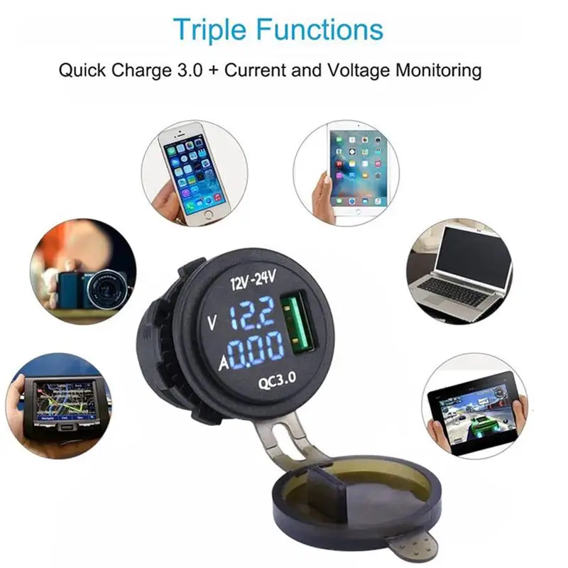 DC 12V 24V QC3.0 USB Charger Digital Voltmeter Ammeter for Car Auto Van Boat Solar RV UTV ATV Industrial