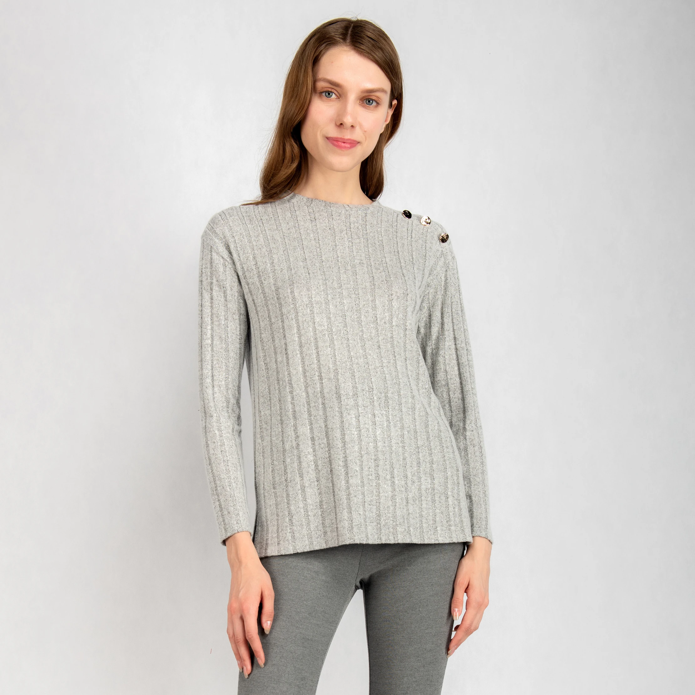 2020 New Design Grey Melange Jacquard Knitting Top Lantern Sleeve Golden Buttons Top