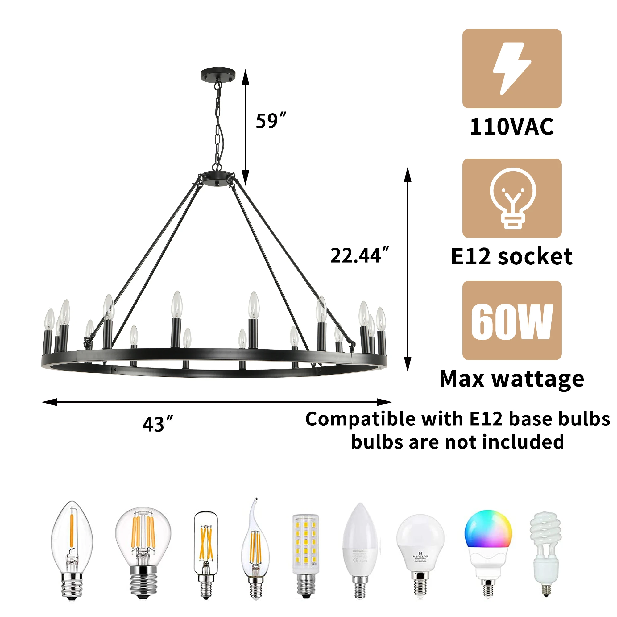 ATUNUS Nordic Retro Village Style Industrial Black Wood Wagon Wheel Large Candle Chandelier Pendant Pendant