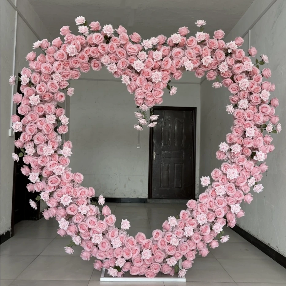 Modern Red Rose Heart Shaped Arch Stand Artificial Flower Panel Set Row Floral Arrangement Backdrop for Wedding Event Decoration
