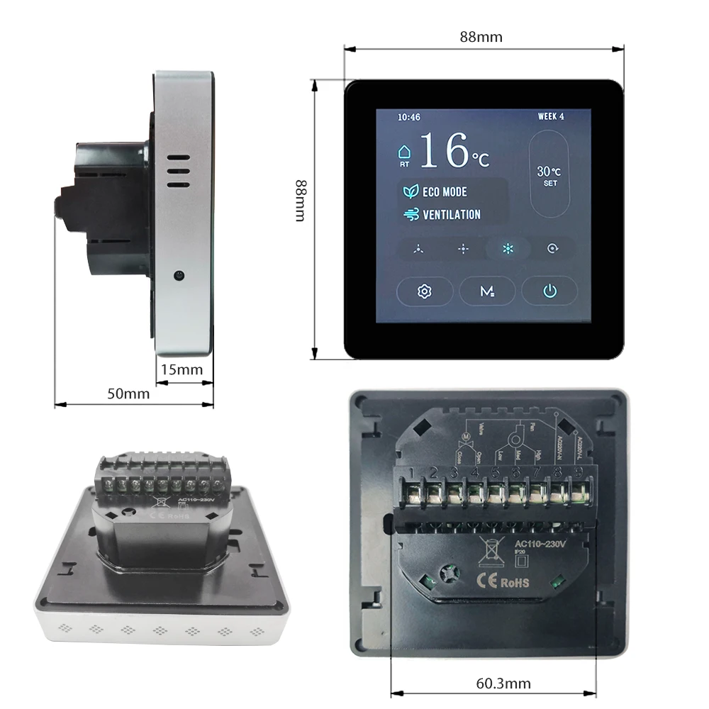 Home Fan Coil System Temperature Control Touch Screen Room Smart WiFi Thermostat