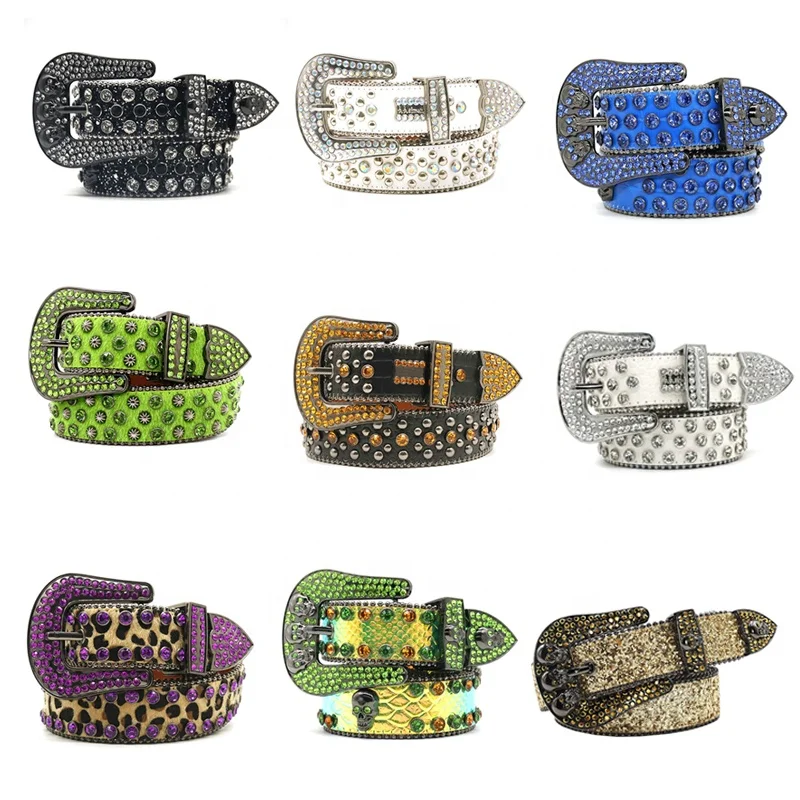Western Leather Belt Fashion PU Leather RIVET Belt Lady  Belt Leather Man With Beautiful Skull Rhinestone