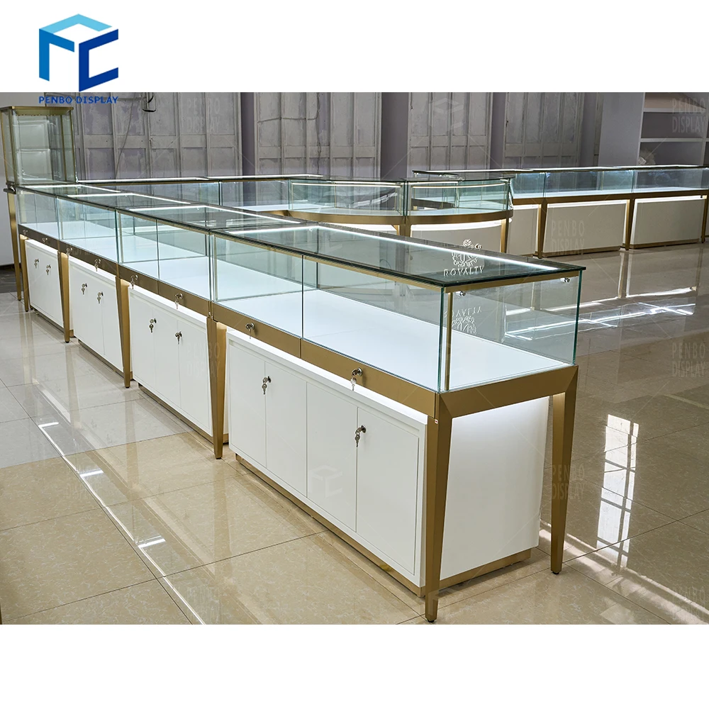Led Lighting White Gold Jewelry Shop Display Cabinet Modern Mdf Jewelry Showcase Display Cabinet For Shopping Mall