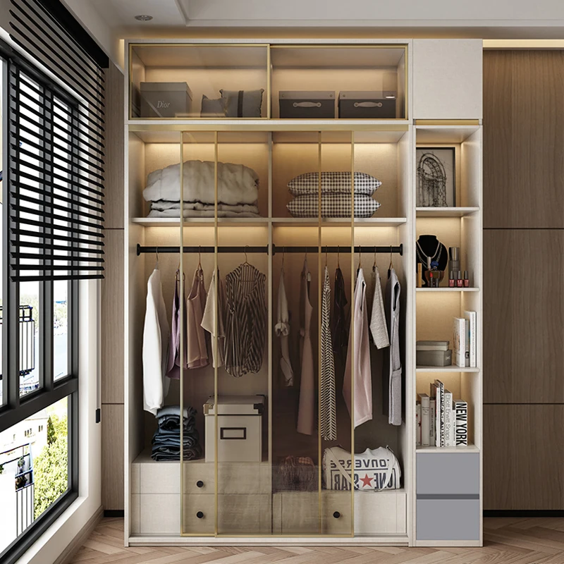 Minimalist Design Glass Sliding Door Combination Bedroom Storage Cabinet Wardrobe Closet
