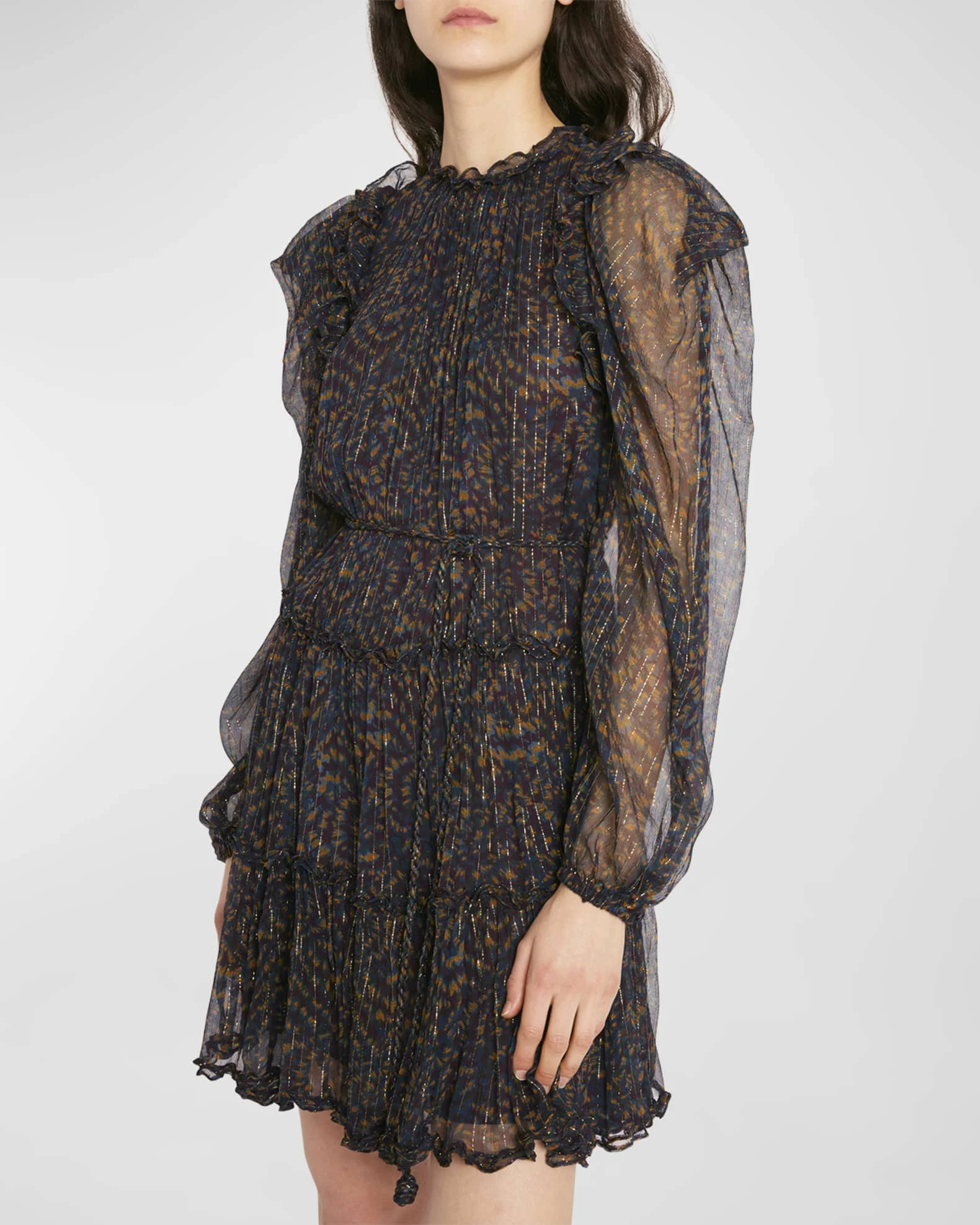 Custom Lady Elegant Slim Crew Neck Long Puff Sleeves Tiered Ruffle Skirt Fall Casual Women Mini Dress