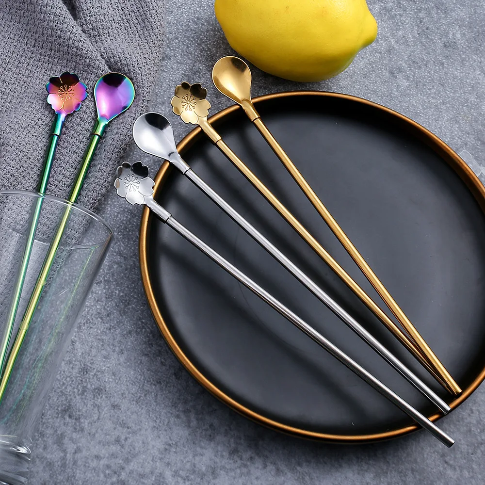 The manufacturer directly supplies stainless steel straw spoon, long handle creative cherry stirring spoon and filter leakage sp