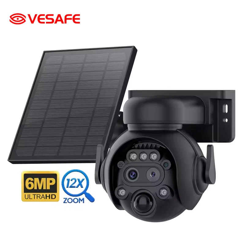 VESAFE High Quality Waterproof Outdoor Ptz 10x Zoom 6mp Hd Smart 4g Pir Surveillance Solar Security Camera