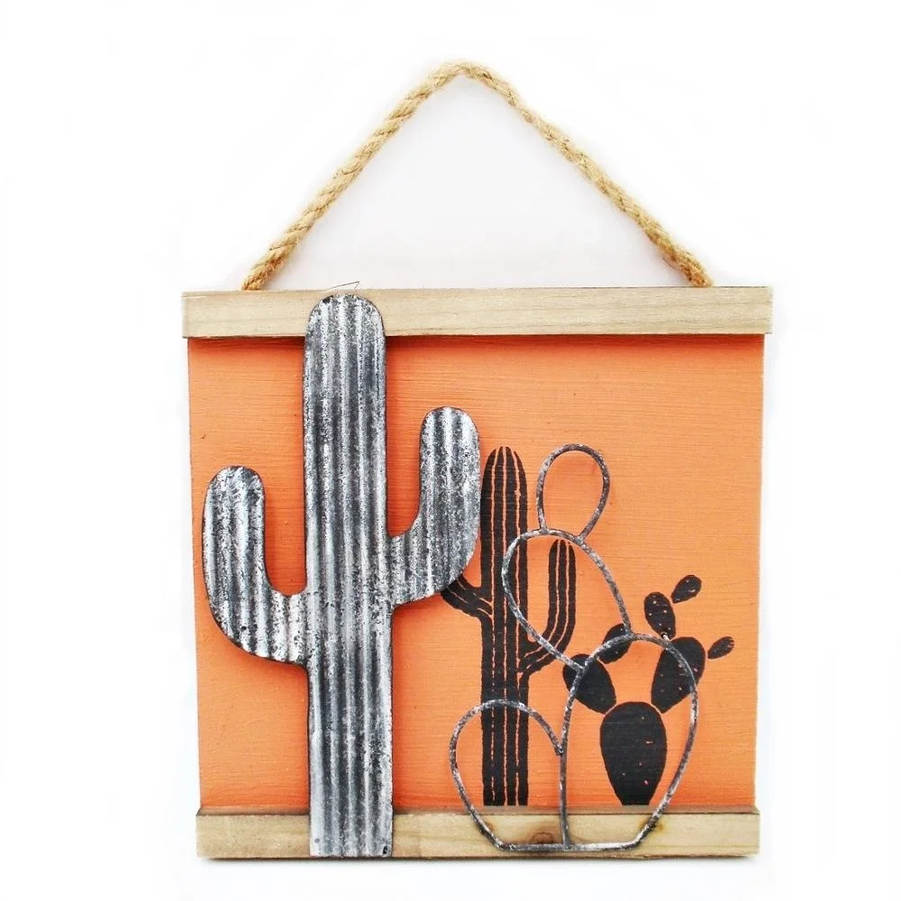 2019 New Product Novelty Rustic Display Wall Art Hanging Orange Plaque with Metal and Wire Cactus for Gifts Home Decorative