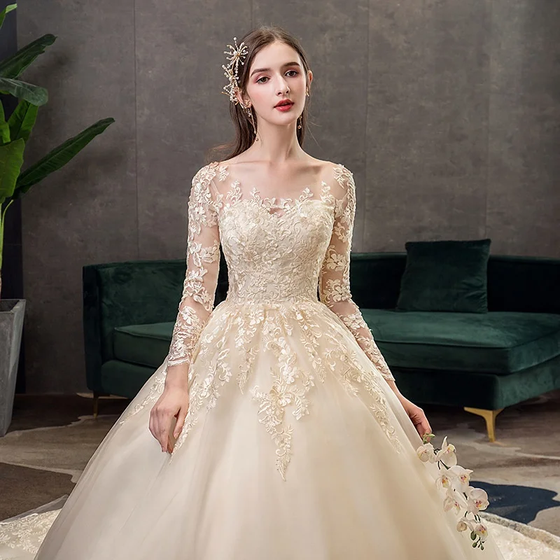 Champagne embroidered Lace Wedding Dress long trailing Bridal Gown Long Sleeve