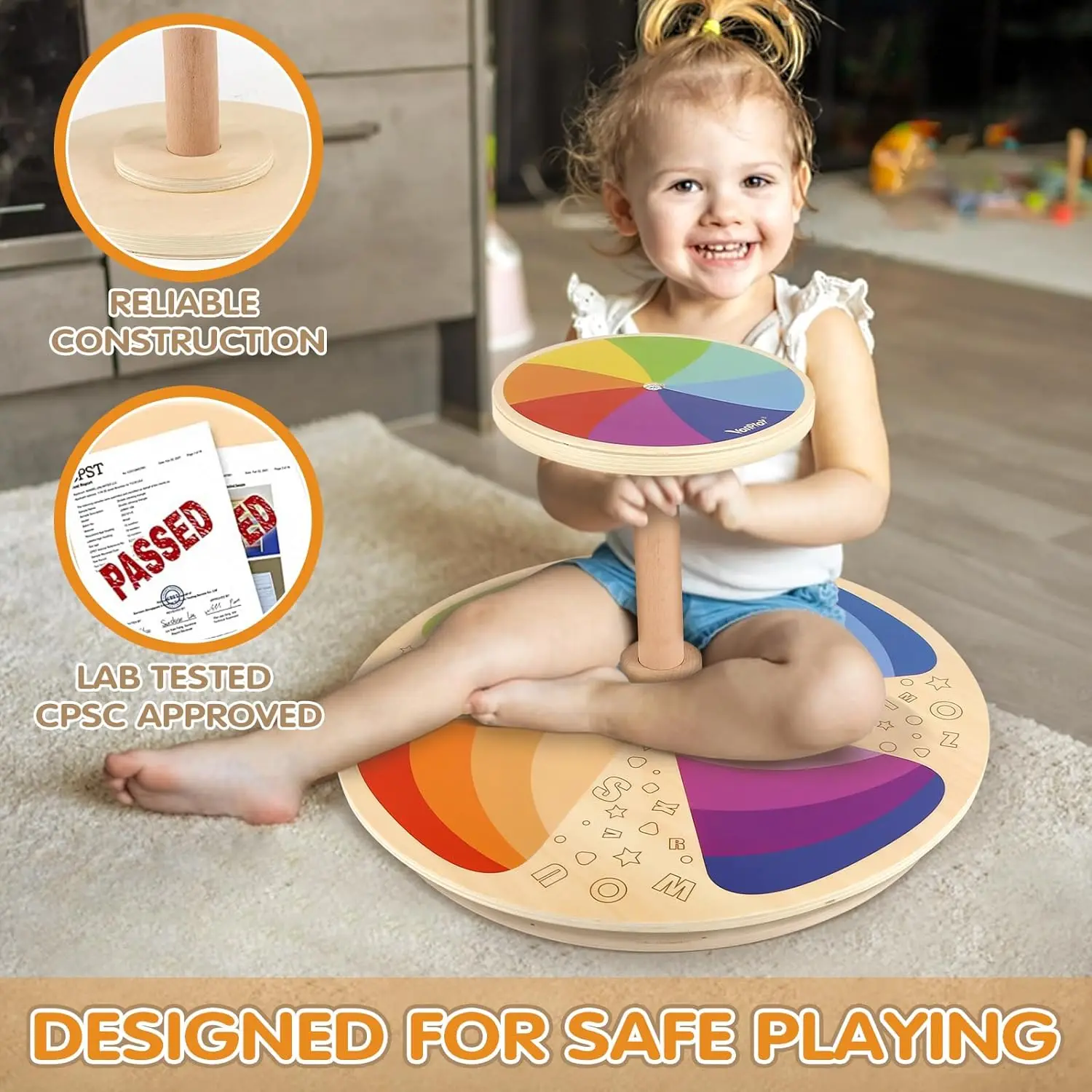 202405 Wooden Spinner Seat - Sit and Spin - Bigger Size - Classic Spinning Activity Toy for Toddlers All Ages
