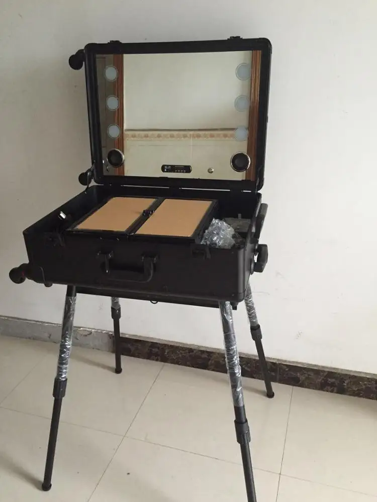 Makeup Train Suitcase with Built-in Lights & 3 Light Colors & Wheels-Professional Artist Trolley Studio Free Standing