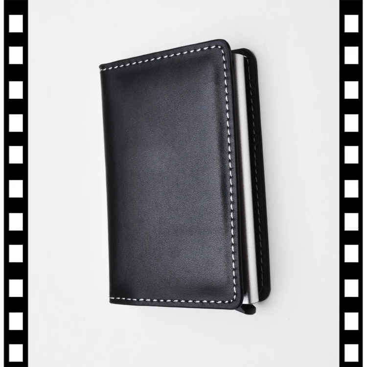 Hot selling leather RFID Blocking Pop Up Aluminum Card Case  Anti-Theft RFID Bank Credit Card Automatic Wallet