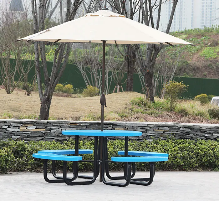 outdoor furniture commercial round thermoplastic steel picnic table restaurant outside patio metal mesh dining table with bench