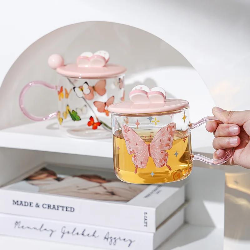 Butterfly Thermostable Glass Breakfast Cup Gift High Appearance Level pink Girl Heart Water Cupmug with Lid Spoon