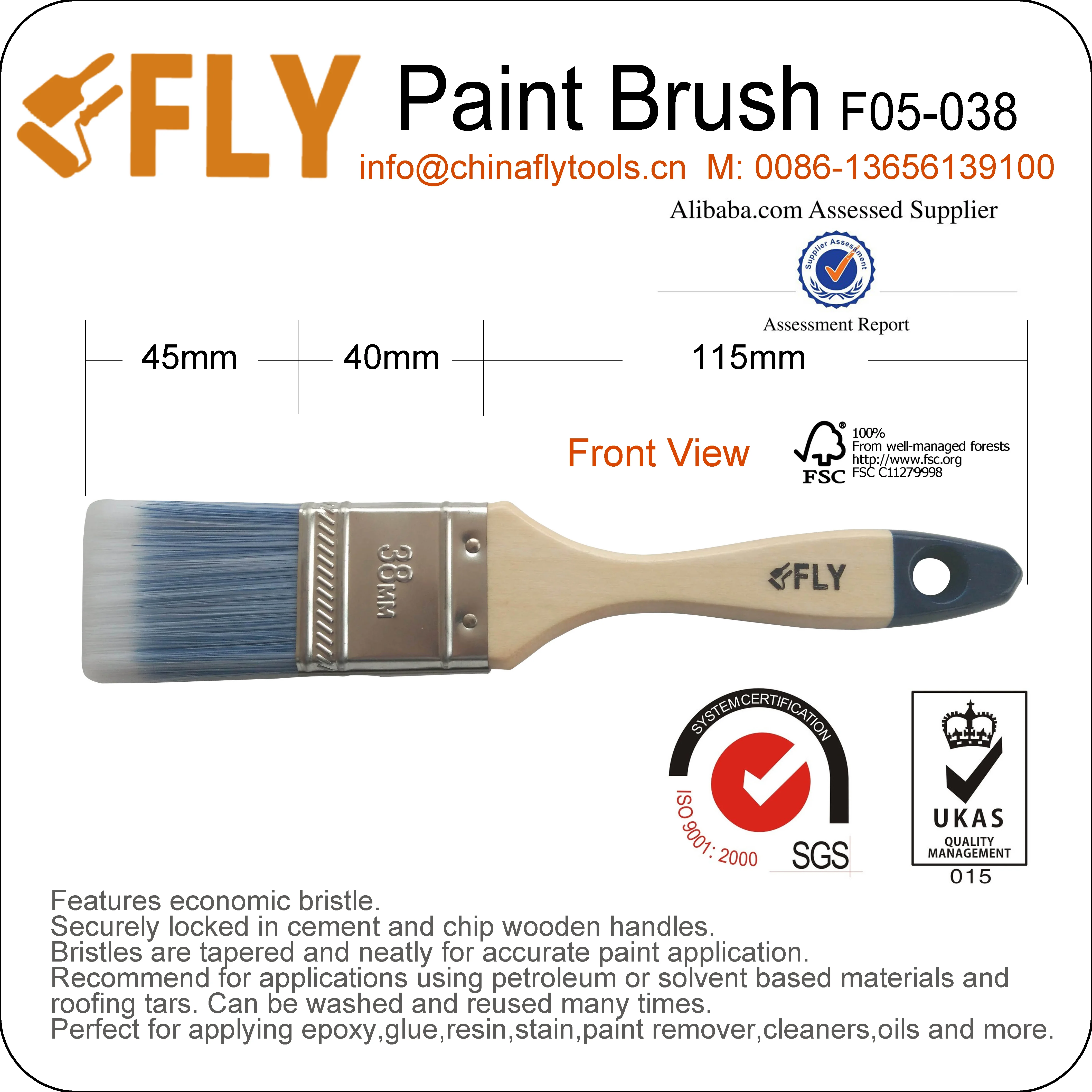 Wooden Handle and Polyester/nylon Bristle Paint Brush 38mm