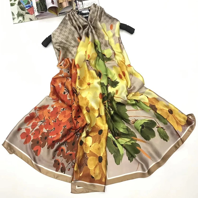 Flower color Satin Silk Smooth Long Square Neck Scarf Ladies Scarves 90*195cm Wholesale