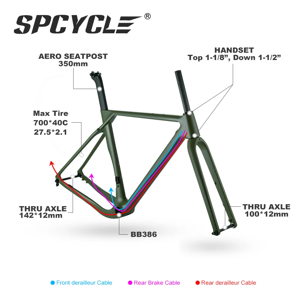 Chinese Factory T1000 Full Carbon Fiber Gravel Frame 700C Disc Brake Aero Carbon Gravel Frame Army Green