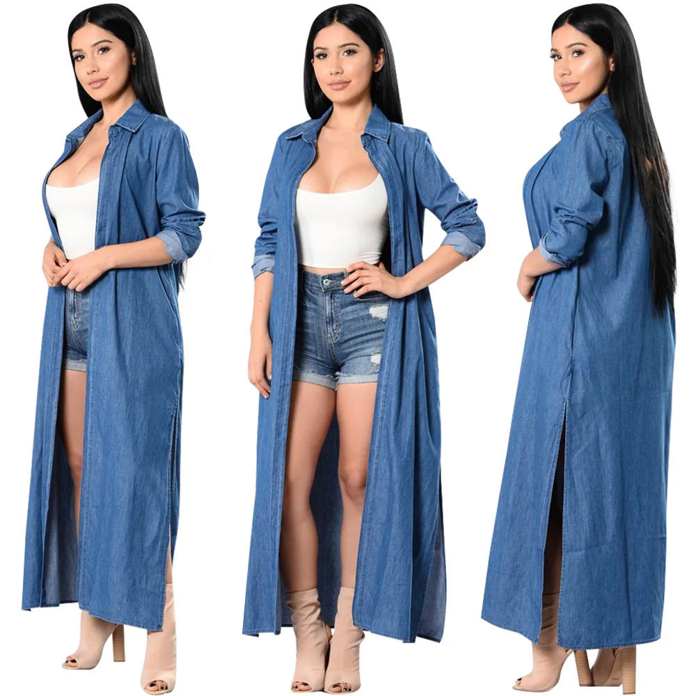 
Casual Street Style Cardigan Denim Cloak Long-sleeved Long Women Denim Windbreaker Jacket 
