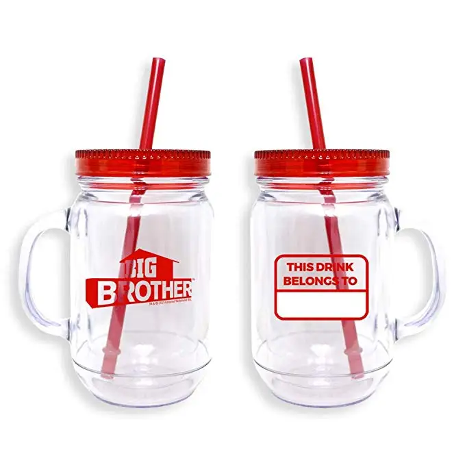 Big Capacity BPA Free Plastic Double Wall Mason Jar With Lid and Straw