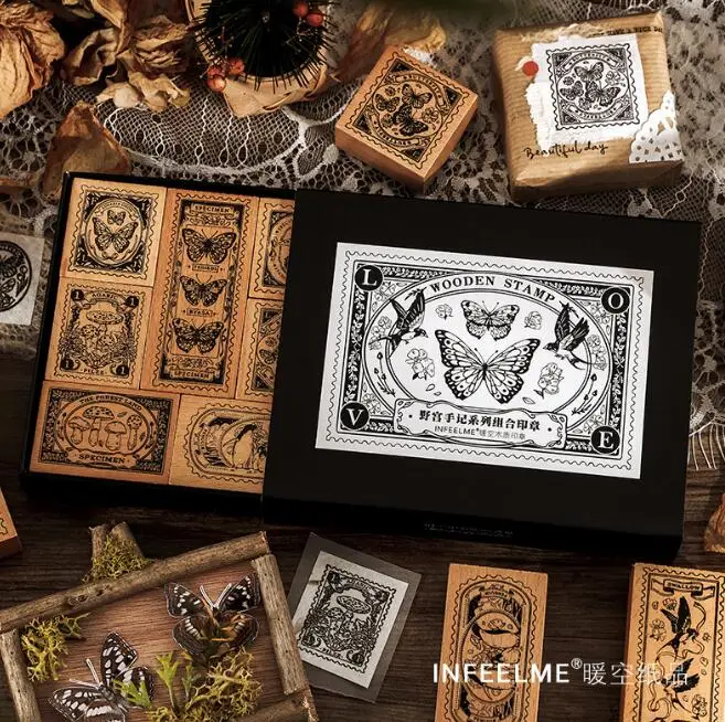 Infeel Me 9pcs creative wood rubber stamp set vintage butterfly mushroom wood stamp for planner scrapbook
