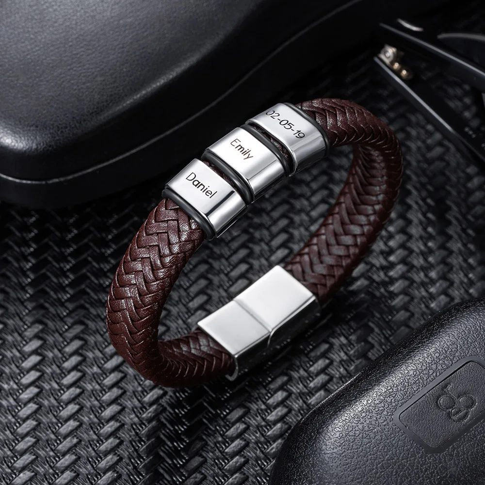 Stainless Steel Personalized Engraved Name Bead Brown Bracelet for Men Jewelry Custom Weave Black Man Leather Bracelet