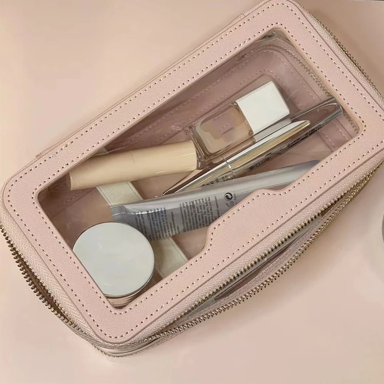 New Designer clear PVC with leather transparent wash bag custom logo PU metal Zipper Pouch Toiletry Travel Makeup Cosmetic Bag